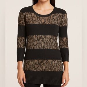 Central Park West Lace Stripe Sweater M Black Angora Cashmere Blend Pullover Top